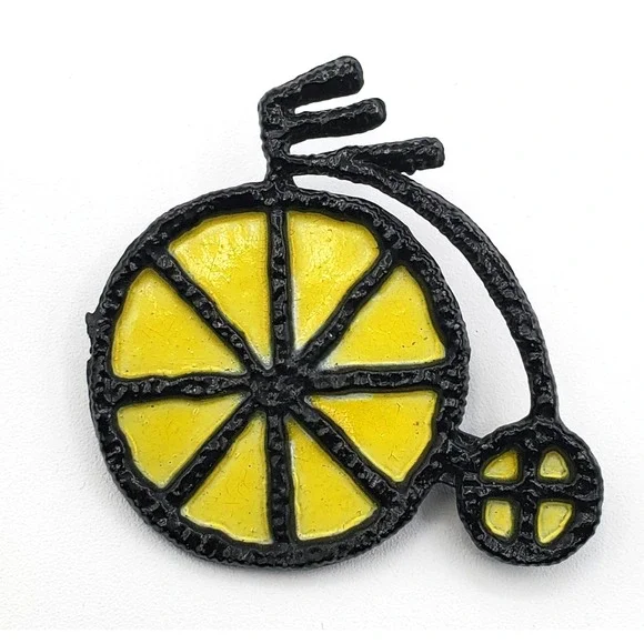 Vintage Black & Yellow Enamel On Metal High Wheel Bicycle Brooch Pin