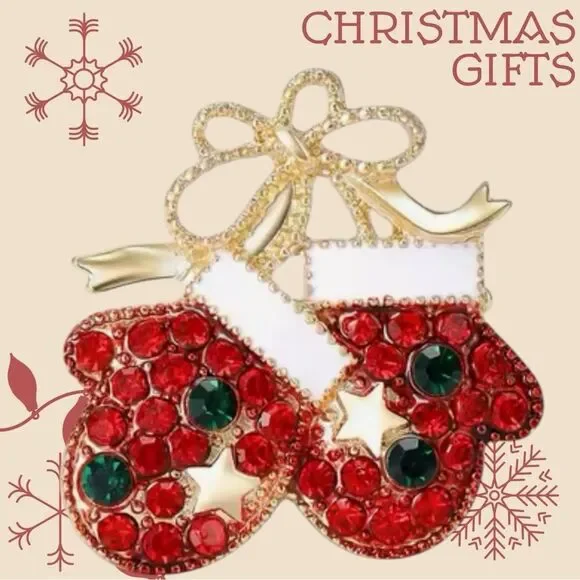 RHINESTONE CHRISTMAS MITTENS BROOCH‎