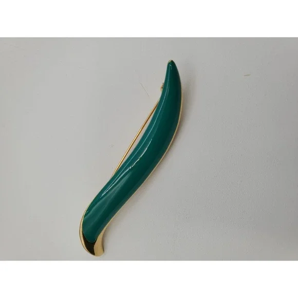 Vtg MCM Green Enameled Swirl Brooch Pin Goldtone Setting
