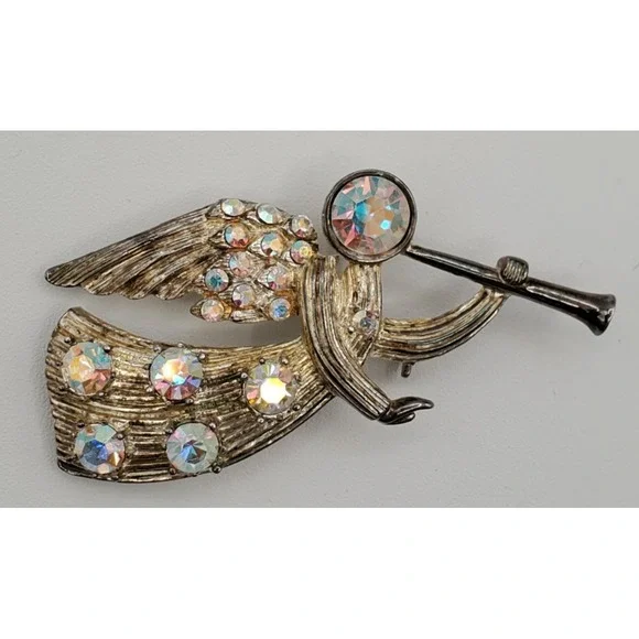 Vtg Gold Tone Eisenberg Ice Aurora Borealis Angel & Trumpet Brooch Pin