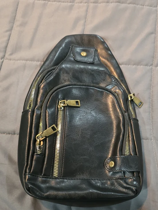Black Faux Leather Crossbody Sling Bag with Gold Hardware