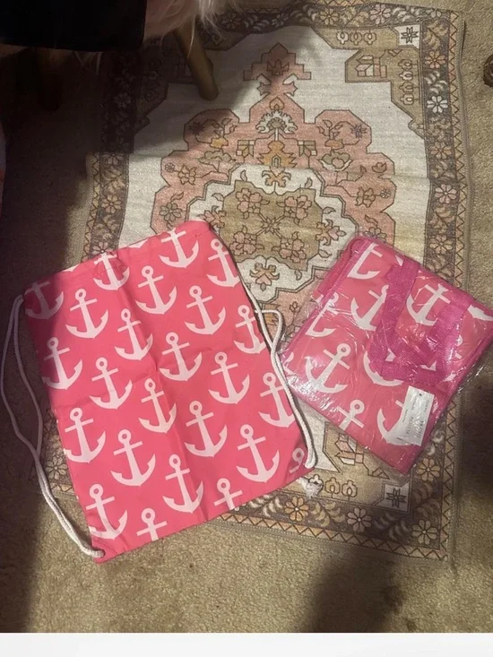 Simply Southern Pink Anchor Drawstring Backpack AND matching Tote Bag BOTH NWT