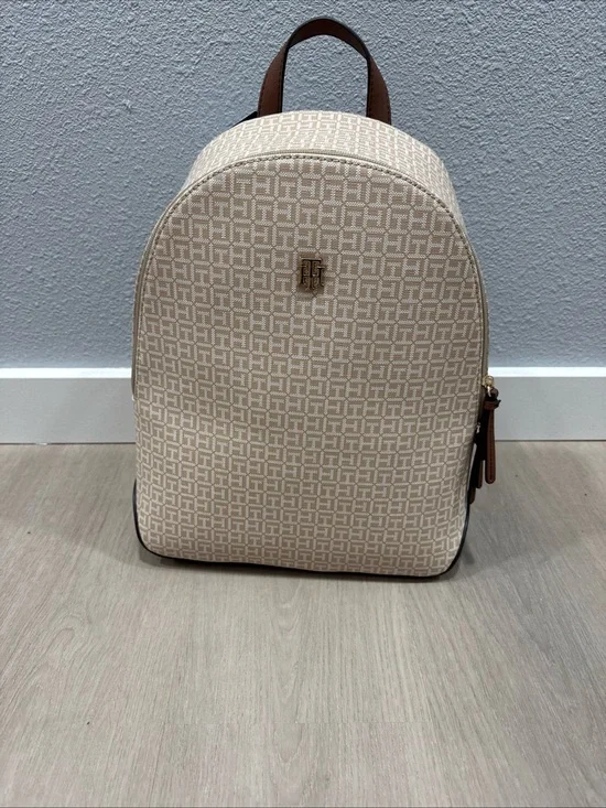 Tommy Hilfiger Beige Monogram Backpack with Brown Accents