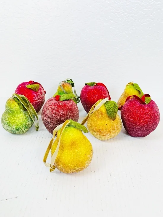 Frosted Sugared Icy Fruit Hanging Ornaments 9PC Set Apples Pears Life Size Decor