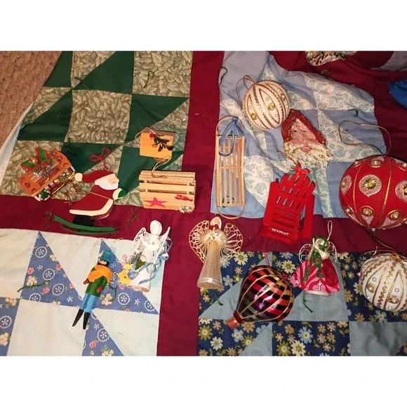 Lot Of 37 Vintage Christmas Ornaments Santa, Needlepoint, Wooden, Ceramic Mixed