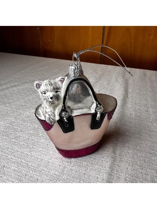 Dog in Purse Christmas Ornament Pink Glitter Handbag Holiday Tree Decor