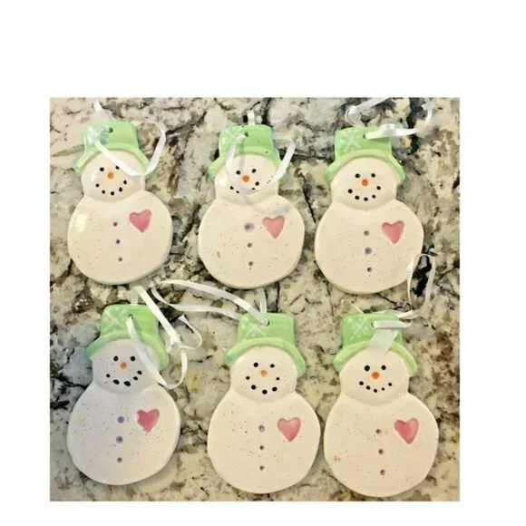 Lot of 6 Hand-Painted Ceramic Christmas Ornaments Snowman wearing Tophat