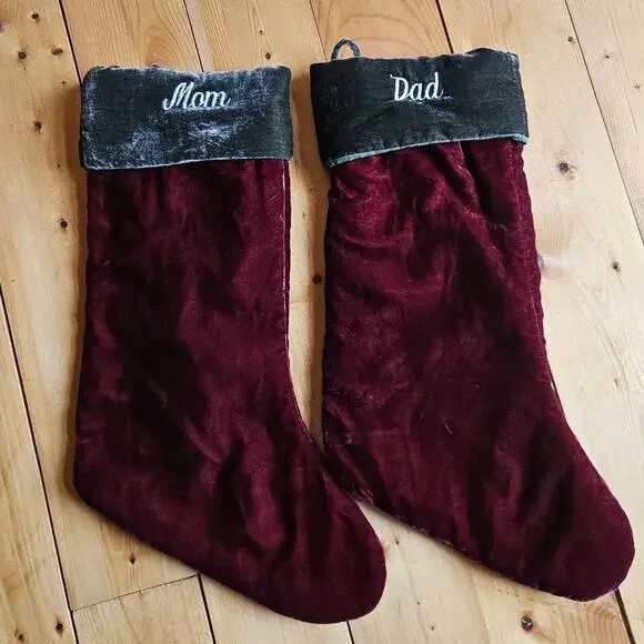 TWO Pottery Barn Christmas Stockings Maroon Green Velvet Mom Dad Embroidered 21