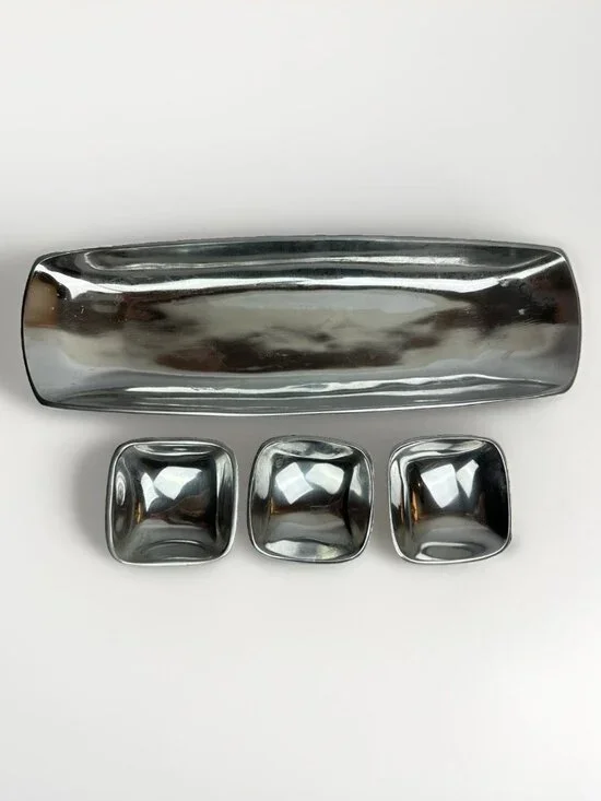 Pottery Barn Barona 6 Pc Cast Aluminum Serving Set Trays Condiment Bowls Silver