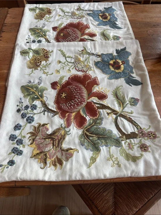 TWO Floral Embroidered Linen POTTERY BARN 20x20 like new pillow case vers