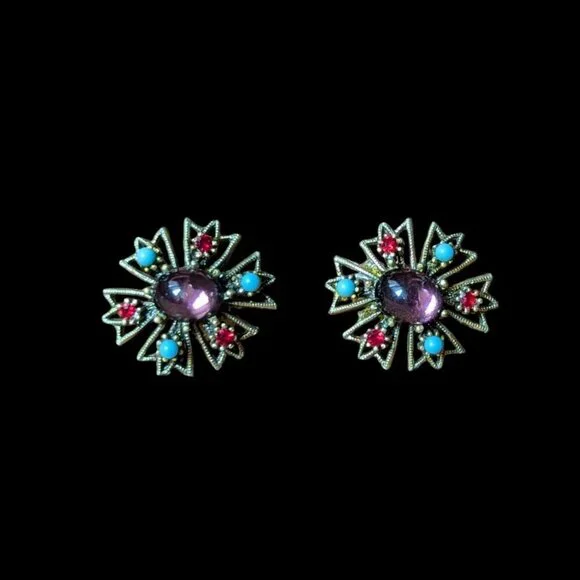 Vintage Gilded Brass Earrings‎ Amethyst Filigree MCM Gold Tone 1950’s Ornate