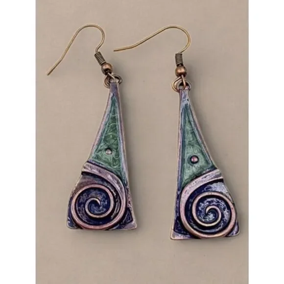 NWT Boho Chic Aged Copper Earrings Triangular Spiral Design