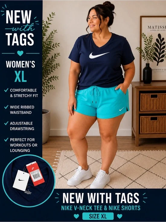 Nike women’s Xl Navy V-Neck Tee with Teal Athletic Shorts