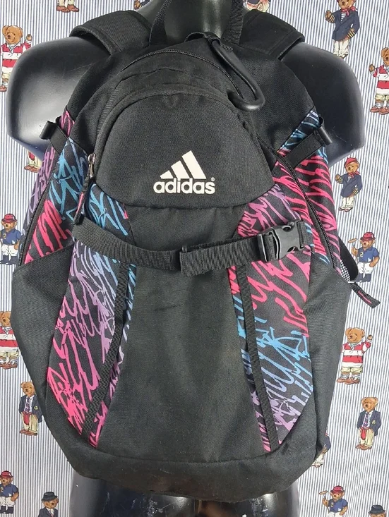 Women's Adidas Logo Multipocket School Campus Black & Neon Backpack Book Bag