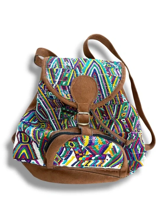 Handmade Guatemalan Huipil Embroidered Suede Leather Backpack Boho Artisan Bag
