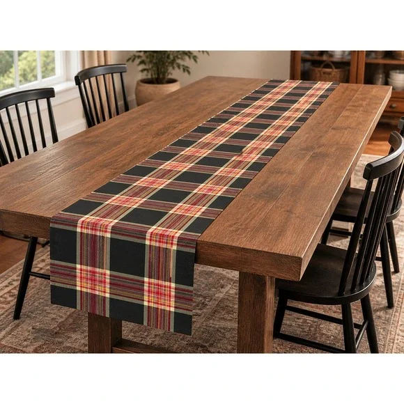 Pottery Barn Brown Plaid Cotton Table Runner 18x105 long Farmhouse Decor‎ Fall
