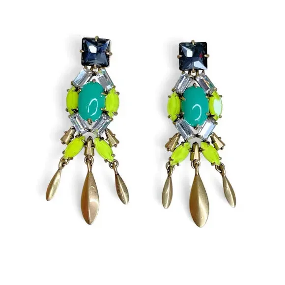 Stella & Dot‎ Jardin Chandeliers Statement Earrings Green Neon Yellow Rhinestone