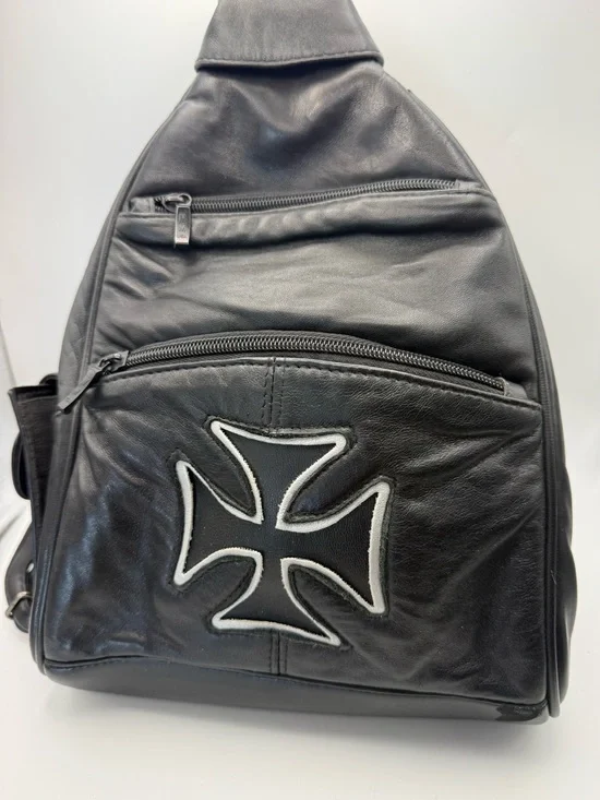 Black Leather Cross Accent Sling Bag / Backpack