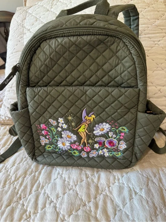 Vera Bradley Olive Green Quilted Backpack with Tinker Bell Floral Embroidery