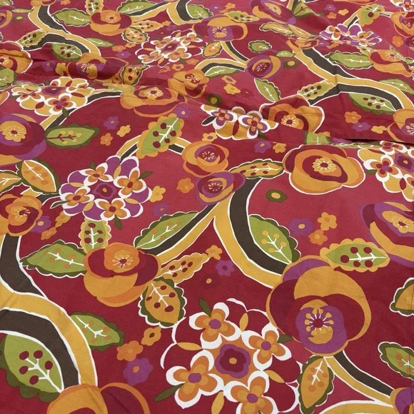 Pottery Barn King Duvet Cover Two‎ Shams Red Floral Retro Mod Cotton Reversible