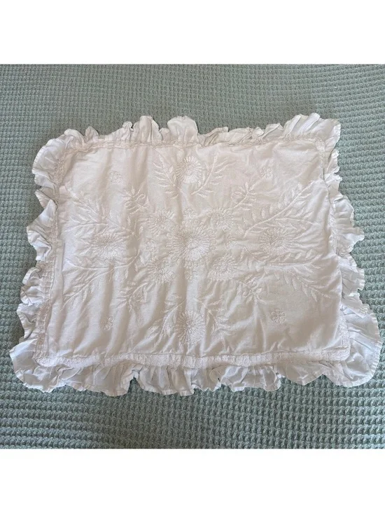 Pottery Barn Embroidered Ruffle Pillow Sham White Standard Cottage Shabby Chic