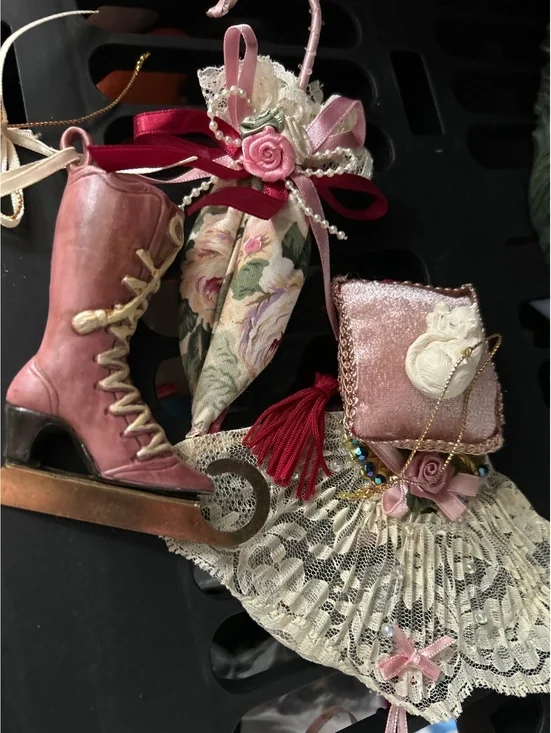 Vintage Victorian Style Pink Ice Skate Ornament with Lace Fan and Decorative Acc