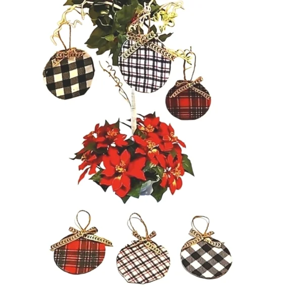 Hand Crafted Upcycled farmhouse decor Christmas hanging ornaments plaid fabric