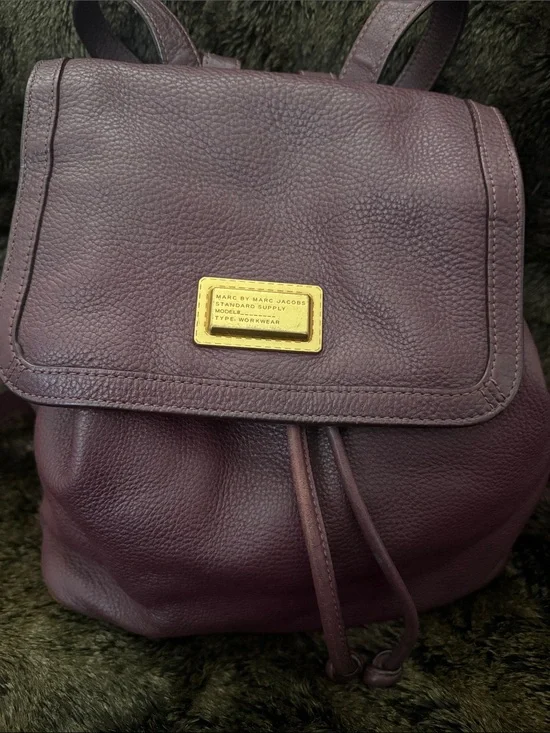Marc by Marc Jacobs Plum Leather Drawstring Backpack with Gold Plaque