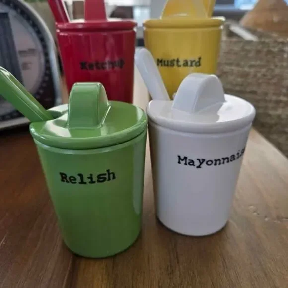 Pottery Barn Condiment Set- ketchup, mustard, relish, and mayo.