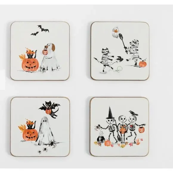 Pottery Barn Doug & Friends Coasters Cork Set of 4 Halloween Skeleton Ghost