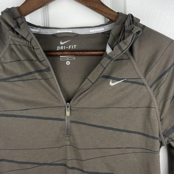 Nike Running Shirt Womens Medium Hooded 1/4‎ Zip Brown Stripe Dri-FIT 3/4 Sleeve