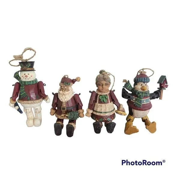 Vintage Country Christmas Jointed Resin Woodlook Ornaments Folk Art Rustic