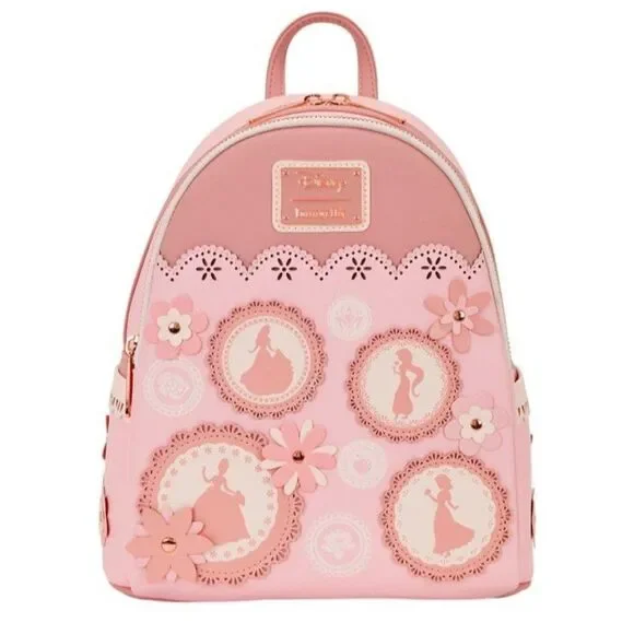 Loungefly Disney Princess Silhouettes Floral Lace Pink Backpack Belle Snow NWT