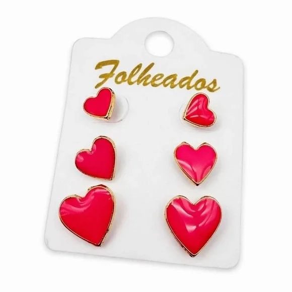 Gold Plated Heart Stud Earrings Set – 3 Pairs Red Enamel‎ Heart Earrings