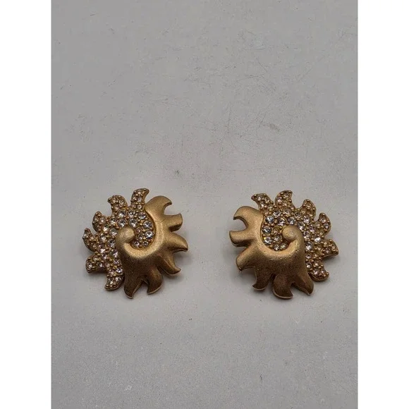 Swarovski‎ Vntg Sunburst Clip On Earrings Gold Tone Crystal Celestial Swan Logo