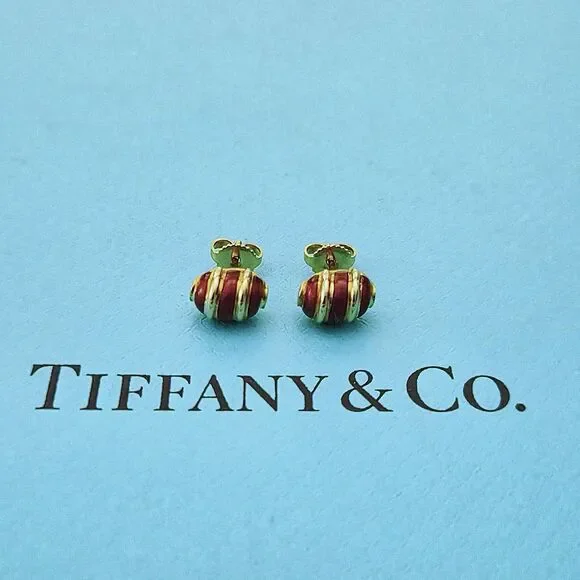 RARE Vintage Tiffany & Co. Schlumberger 18k Gold & Red Enamel Earrings
