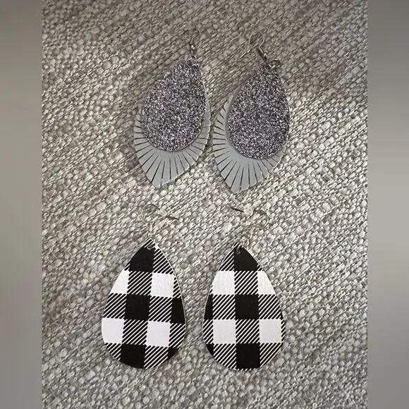 New Bundle of 2 dangle faux leather buffalo plaid and silver sparkle earrings