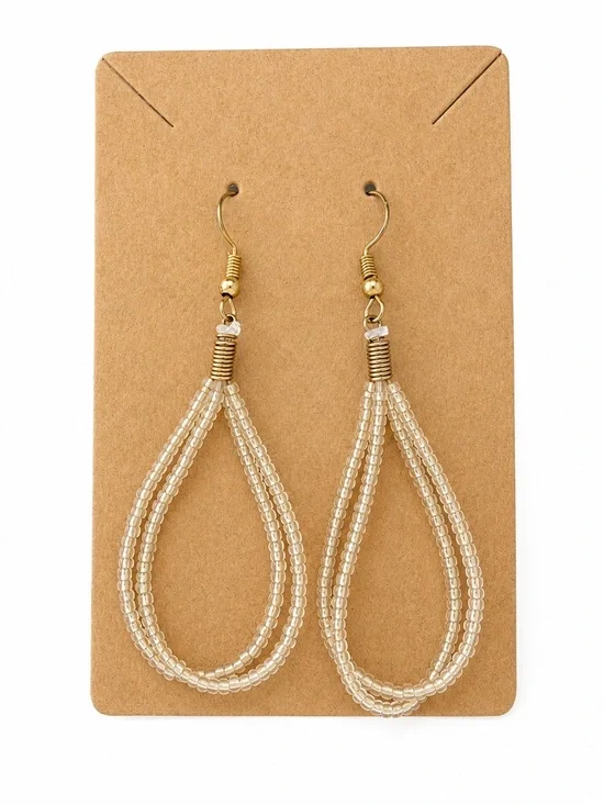 Ivory Seed Bead Teardrop Dangle Earrings Gold Tone Boho Handmade Boutique