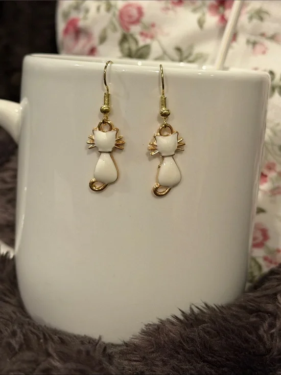 White Enamel Cat Drop Earrings - Gold Tone Accent