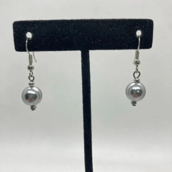 Fashion Gray Faux Pearl Dangle Earrings‎ Silver Tone Fishhook Drop Jewelry