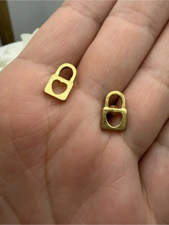 Gold Tone Heart Padlock Stud Earrings