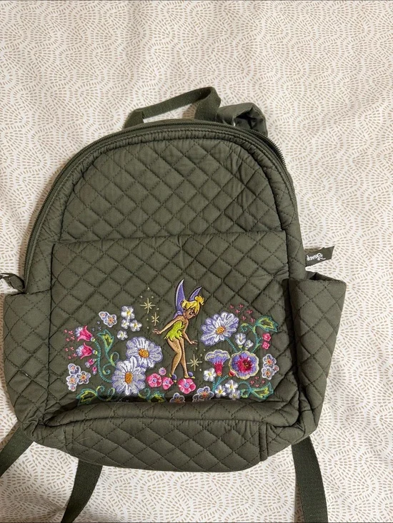 Disney Olive Green Quilted Backpack with Tinker Bell Floral Embroidery