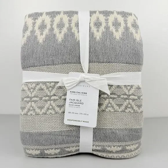 Pottery Barn Fair Isle Jacquard Duvet Cover King/Cal King Gray Cotton Linen NEW
