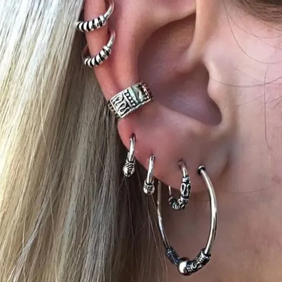 Silver Bali Multi Hoops Ear Cuffs Eartings Set of 7 Jewelry NEW