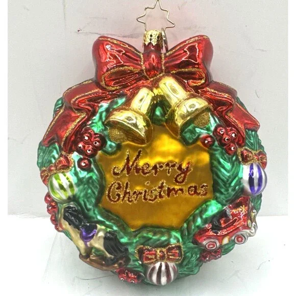 Christopher Radko Bells Bow Evergreen Wreath Textured Glass Christmas Ornament