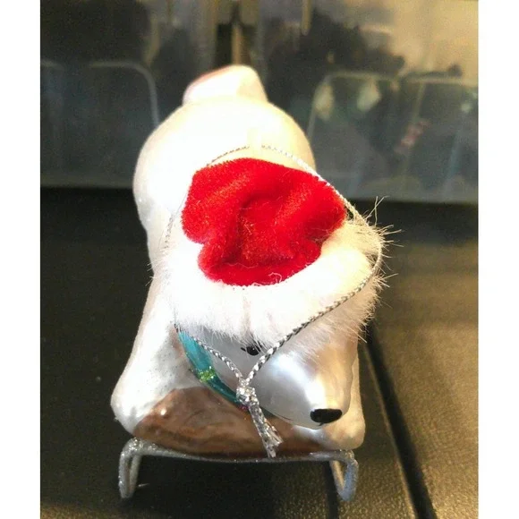 White‎ Polar Bear Blue Scarf Sledding Glass Christmas Tree Holiday Ornament