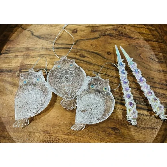 Owl Christmas Tree Ornaments Set Clear Turquoise Sparkle Whimsical Woodland Deco