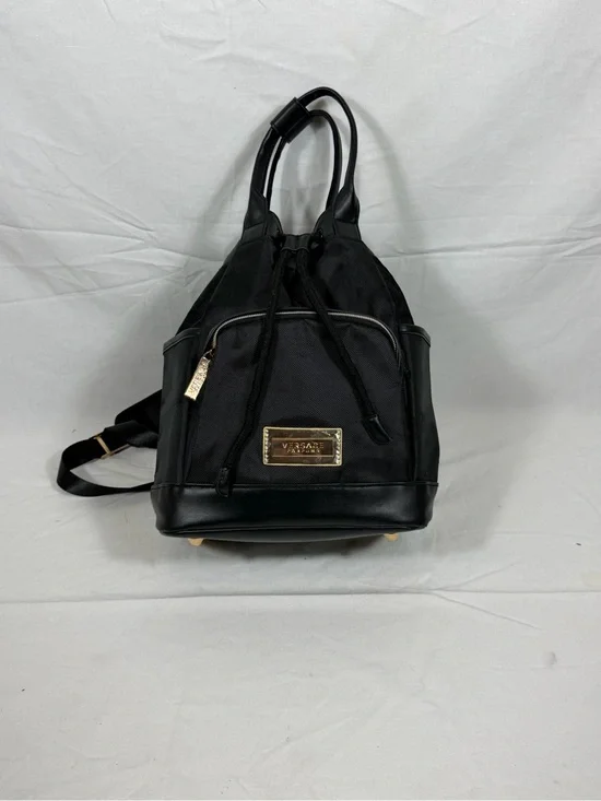 Versace Parfums Black Nylon Backpack Gold Logo NWOT Cinch Drawstring Travel Bag