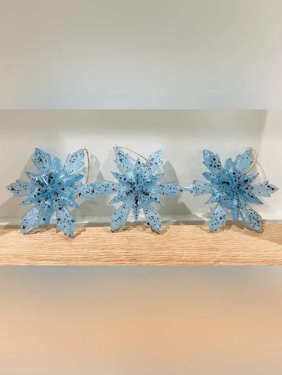 Handcrafted Epoxy Blue Glitter Snowflake Holiday Ornaments-Set of 3-New