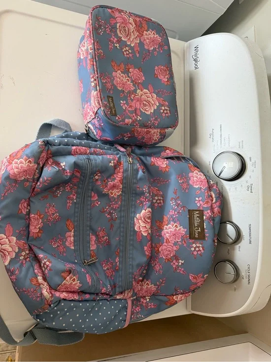 Matilda Jane Blue Floral Backpack with Pink Rose Print and Matching Lunch Bag